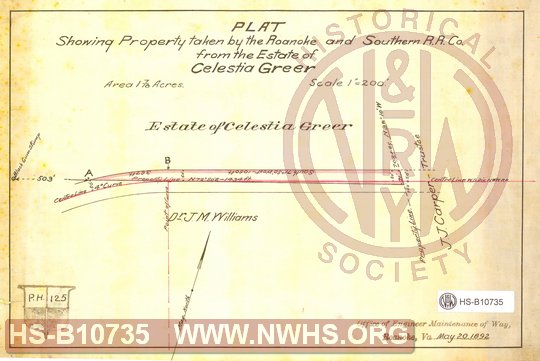 Plat showing property taken by the Roanoke and Southern R.R. Co. from the estate of Celestia Greer