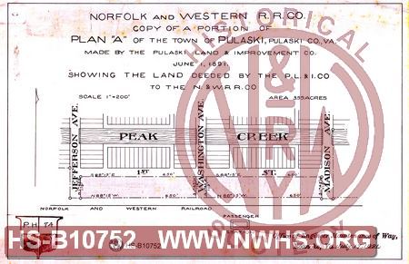 N&W RR Co, Copy of a portion of Plan "A" of the town of Pulaski, Pulaski Co., Va., Made by the Pulaski Land & Improvement Co, Showing the Land deeded byt the P.L. & I. Co to the N&W RR Co