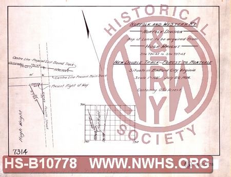N&W Ry Co, Norfolk Division, Map of land to be acquired from Hugh Wright, From Sta 736+08 to Sta 737+68, New Double Track - Forest and Montvale, Situate in Bedford Co., Virginia