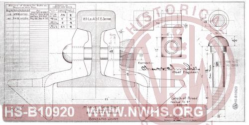 N&W Rwy, Harvey Grip Bolt, as used with 85# A.S.C.E. Section and Bonzano Joint