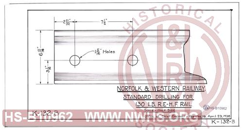 N&W Rwy, Standard Drilling for 130 LB RE-HF Rail