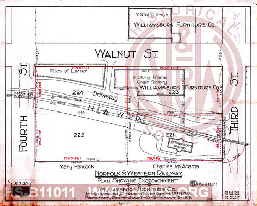 N&W Ry, Plan showing encroachment of Williamsburg Furniture Co. at Williamsubrg, Clermont County, Ohio MP 33+1766'