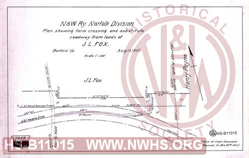 N&W Ry. Norfolk division, Plan showing farm crossing and substitue roadway from lands of J.L Fox