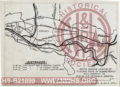 Sketch showing location of Flickwir siding on Catawba branch with respects to site of U.S. Veterans Hospital