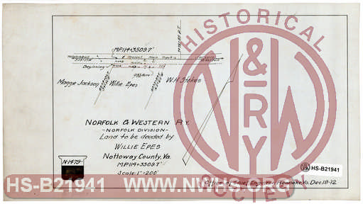 N&W Ry, Norfolk Division, Land to be deeded by Willie Epes, Nottoway County, Va., MP 114+3509.7'