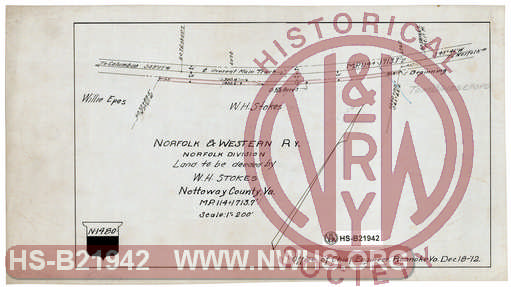 N&W Ry, Norfolk Division, Land to be deeded by W.H. Stokes, Nottoway County, Va., MP 114+1713.7'