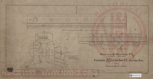 N&W Ry, Standard 85  Lb. Am. Soc. C.E. Section Rail with Angle Bar Joint