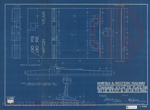 N&W Rwy, Standard 8"x13 1/2" Tie Plate for 130 LB R.E.H.F. & 130 LB. P.S. Rail