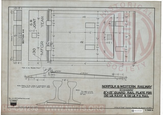 N&W Rwy, Standard 8"x15" Guard Rail Plate for 130 LB R.E.H.F. & 130 LB. P.S. Rail