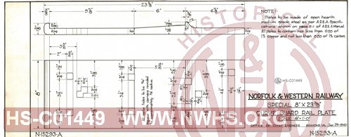 N&W Ry, Special 8" x 23 3/8" curve rail plate