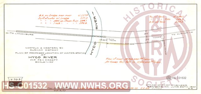 Plan of Proposed Location of Water Station at Hyco River, MP 72+4400', N&W Rwy Durham District