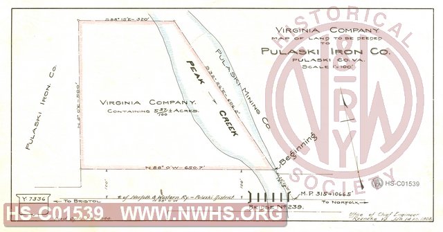 Map of Land to be Deeded to Pulaski Iron Co., Pulaski VA, MP 315+1066.5'
