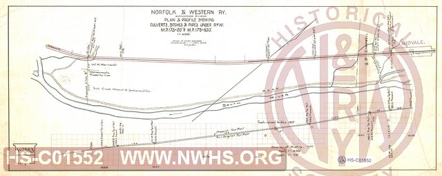 N&W Ry, Shenandoah Division, Plan & Profile showing culverts, ditches & pipes under R. of W. MP175+20 to MP 176+650