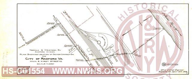 N&W Ry, Radford Division, Plan showing location of sewer connection for city of Radford, Va, Main & First streets