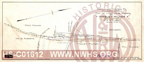 N&W Ry, Hillsboro Branch, Map of land to be deeded by Wesley Milner, Mowrystown, Highland Co. O., MP 3+2856'