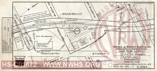 N&W Ry, Norfolk Div. - Durhan Dist, Land to be leased to City of Durham, MP L112+11160', Durham, N.C.