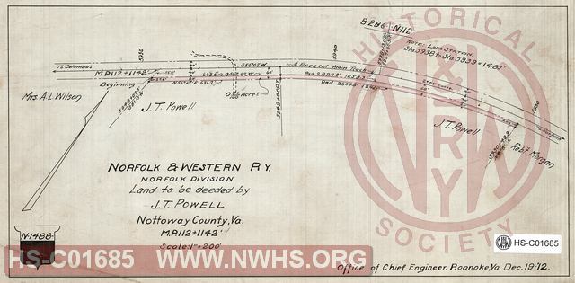 N&W Ry, Norfolk Division, Land to be deeded by J.T. Powell, Nottoway County, Va MP 112+1142'