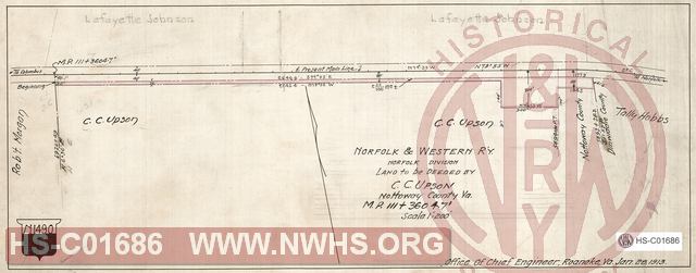 N&W Ry, Norfolk Division, Land to be deeded by C.C. Upson, Nottoway County, Va MP 111+3604.7'