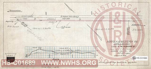 N&W Ry, Norfolk Division, Land to be acquired of Heirs of J.A. Brittle, Sussex County, Va MP 55+3362.2'