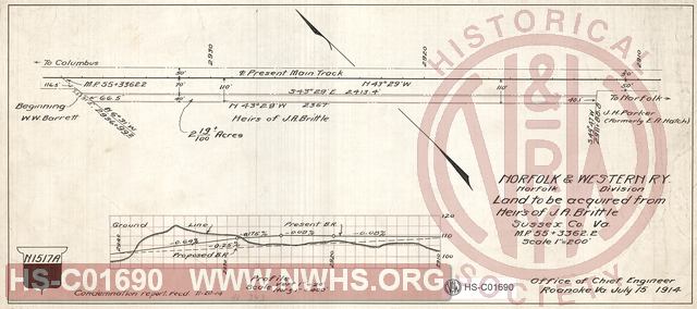 N&W Ry, Norfolk Division, Land to be acquired of Heirs of J.A. Brittle, Sussex County, Va MP 55+3362.2'