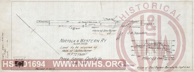 N&W Ry, Norfolk Division, Land to be acquired of Heirs of John Vejnar, Prince George County, Va MP 72+2688.5