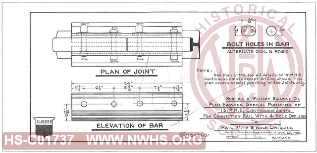 N&W Rwy. Plan Showing Special Punching of 131 LB RE Continuous Joints for Connecting Rail with 4 Hole Drilling to Rail with 6 Hole Drilling