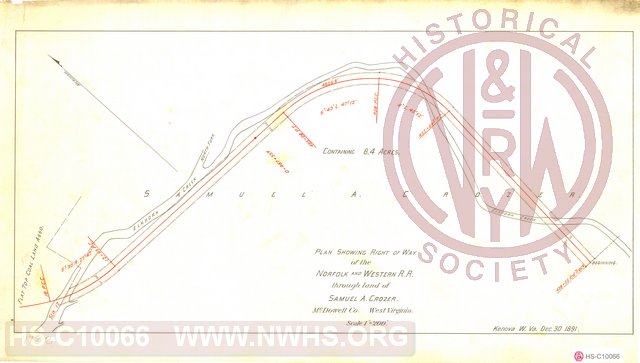Plan showing Right of Way of the N & W RR through Land of Samuel A. Crozer, McDowell Co. WV