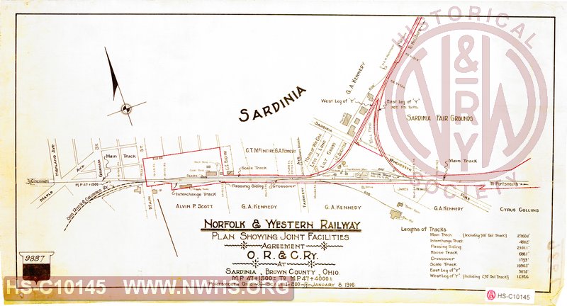 Plan Showing joint Facilities, O.R&C.RY at Sardina, Brown County OH, MP 47+1500 to MP 47+4000