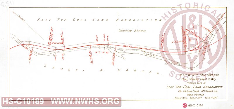 N&W RR Ohio Extension, Plan Showing right of way through land of Flat Top Coal Land Association on Elkhorn Creek, McDowell Co, WV