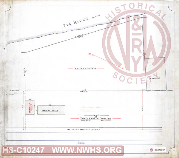 Map of Tracker Station Lot.  Shows position of Freight House and sepearate Telegraph Office and dwelling.