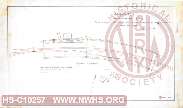 Plan showing additional Right-of-way rquired at station 176 to 181+50 on Mile 292 + 3700.  (Chrisman's Mill)