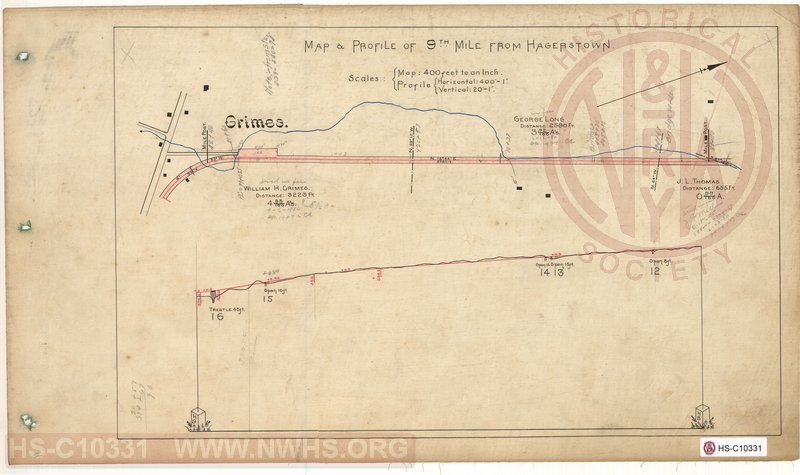 SVRR Mile Sheet - Map & Profile of 9th Mile from Hagerstown, Mileposts H8 to H9 (Grimes, MD)