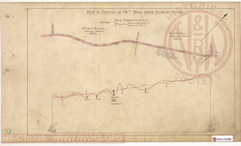 SVRR Mile Sheet - Map & Profile of 74th Mile from Hagerstown, Mileposts H73 to H74