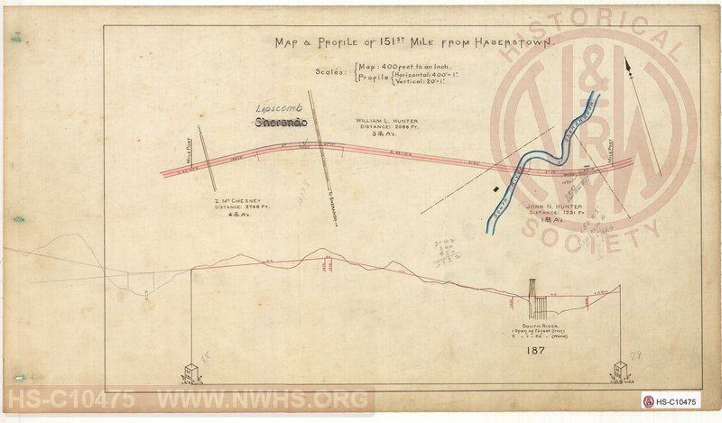 SVRR Mile Sheet - Map & Profile of 151st Mile from Hagerstown, Mileposts H150 to H151 (Sherando VA,  renamed to Lipscomb)