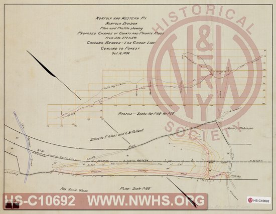 Plan and Profile Showing Proposed Change of County and Private Roads from Sta. 578 to 591, Concord Branch - Low Grade Line Concord to Forest