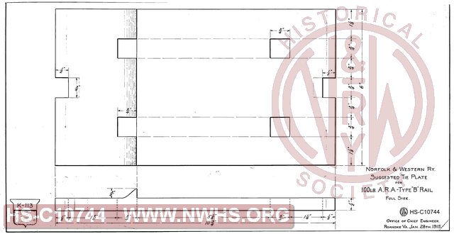 N&W Ry. Suggested Tie Plate for 100 LB ARA Type "B" Rail