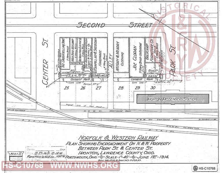 Plan Showing Encroachment on N&W Property Between Park St. and Center St., Ironton, Lawrence County OH