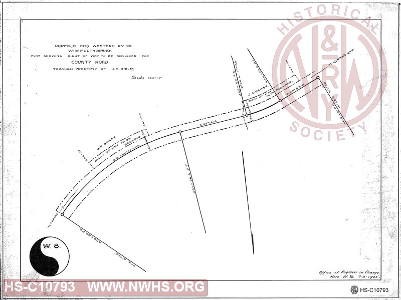 N&W Rwy Widemouth Branch, Plat Showinng Right of Way to be acquired for County Road through property of J.S. Bailey