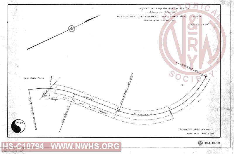 N&W Rwy Widemouth Branch, Plat Showinng Right of Way to be acquired for County Road through property of J.M. Wright