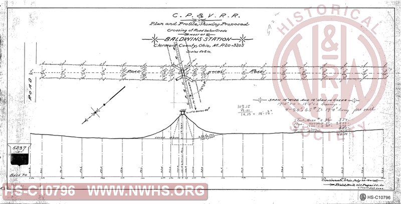 C.P. & V. RR, Plan and Profile Showing Proposed Crossing of Road Below Grade west of Baldwin's Station Clermont County OH MP 20+3205'
