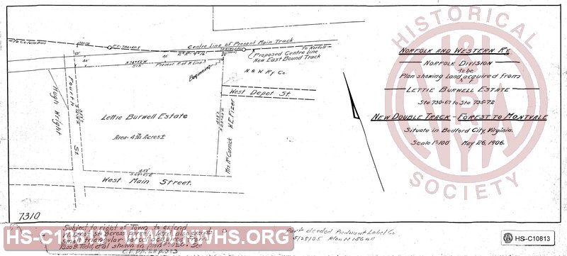 N&W Ry Co, Norfolk Division, Plan showing land to be acquired from Lettie Burwell Estate Sta 730+67 to Sta 735+72, New Double Track - Forest To Montvale