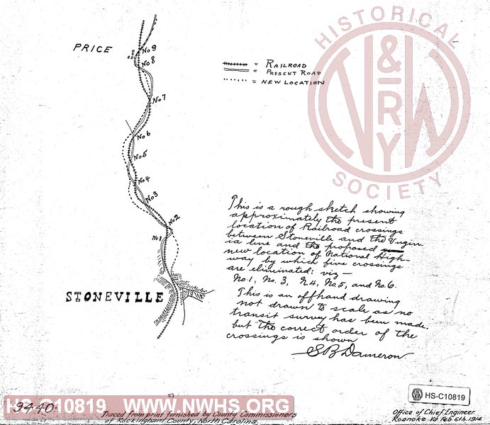 Rough sketch of highway crossings between Price and Stoneville, NC