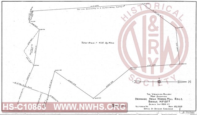 The Virginian Railway Co., Map showing drainage area Ward's Mill Race Bridge M.P. 197.5