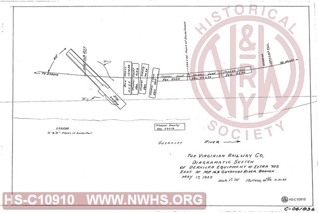 Diagramatic Sketch of Derailed Equipment of Extra 702 East at Mile Post 16.3, Guyandot River Branch, May 17, 1952