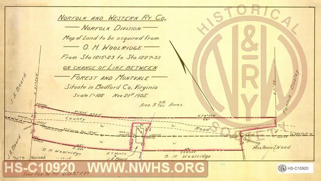 N&W Ry Co, Norfolk Division, Map of land to be acquired from O. H. Woolridge, From sta 1215+23 to sta 1227+33 on change of line between Forest and Montvale, Situate in Bedford Co., Virginia