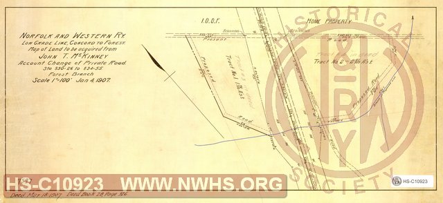 N&W Ry, Low Grade line, Concord to Forest, Map of land to be acquired from John T. McKinney, Account change of private Road, Sta 830+26 to 834+55, Forest Branch