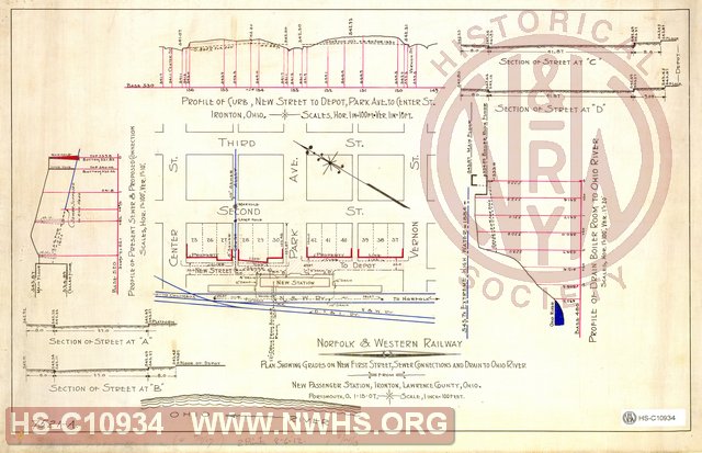Plan Showing Grades on New First Street, Sewer Connections and Drain to Ohio River, from New Passenger Station, Ironton OH