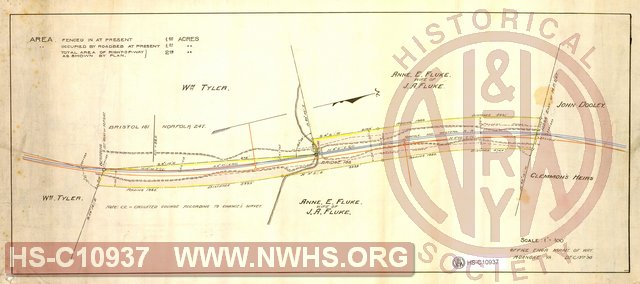 Untitled, unnumbered drawing showing Right of Way and fencing in area of Milepost N247 and bridge 136.