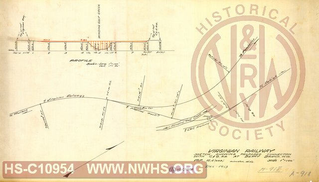 Sketch Showing Proposed Connection with C&O RR at Berry Branch WV, MP 10.4 Winding Gulf Branch.