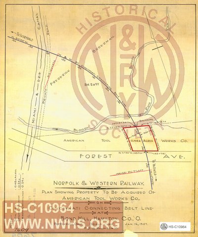 Plan Showing Property to be Acquired of American Tool Works Co. on Cincinnati Connecting Belt Line at Bond Hill, OH